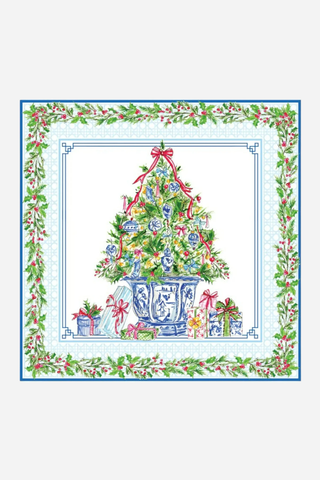 Rosanne Beck Collections, Square Placemat, Hand Painted Christmas Tree w/ Blue Chinoiserie Ornaments