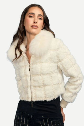 Oo La La Square Sherpa Zip Jacket w/ Fox Collar, White OO LA LA