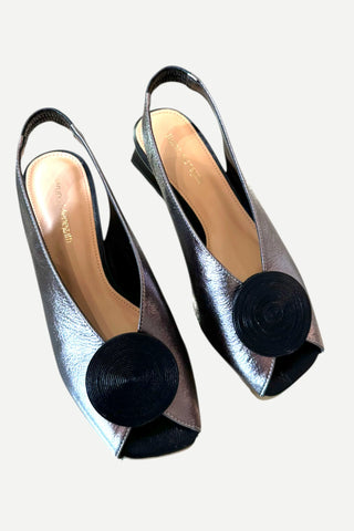 Bruno Menegatti Carah Low Heel, Cristol Carbon Sling Back Black with Modern Circle Bruno Menegatti