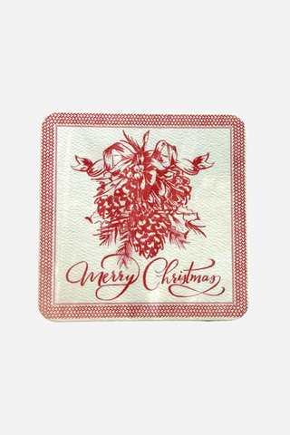 Rosanne Beck Collections, Square Coaster, Hand Painted Merry Christmas Red Toile Pine Cones