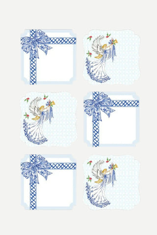 Rosanne Beck Collections, Die Cut Sticker Sheets, Blue Angel w/ Trumpet and Blue Chinoiserie Bow