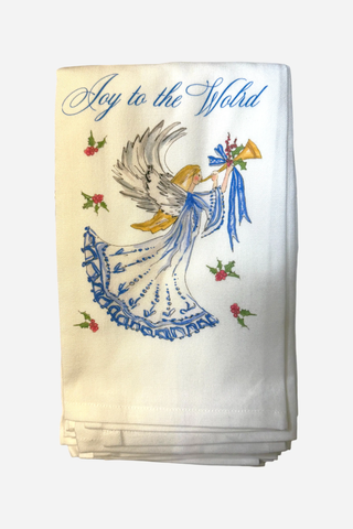Rosanne Beck Collections, Kitchen Towel, Hand Painted Joy To the World Blue Angel w/ Trumpet