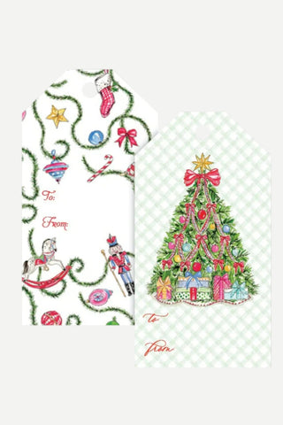 Rosanne Beck Collections, Gift Tag: Hand Painted Christmas Tree w/ Red Bows/Nutcracker Garland
