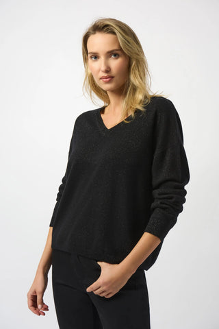 Joseph Ribkoff Wool Blend V-Neck Boxy Sweater, Black Silver Fleck Joseph Ribkoff