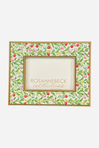 Rosanne Beck Collections, 4x6 Frame, Gold Hand Painted Green Holly and Colorful Ornaments