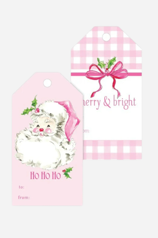 Rosanne Beck Collections, Gift Tag: Ho Ho Ho Hand Painted Pink Santa/Merry & Bright Bow w/ Light Pink Gingham