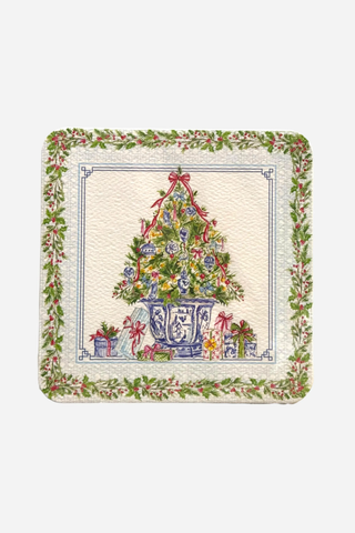 Rosanne Beck Collections, Square Coaster, Hand Painted Christmas Tree w/ Blue Chinoiserie Ornaments