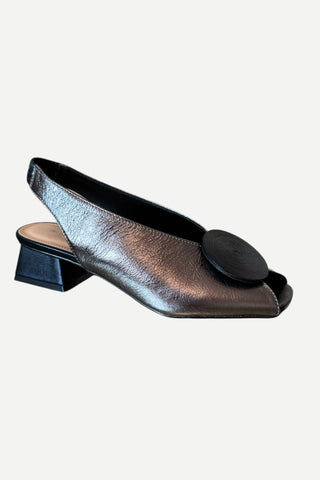 Bruno Menegatti Carah Low Heel, Cristol Carbon Sling Back Black with Modern Circle Bruno Menegatti