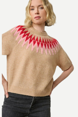 Lilla P Short Sleeve Easy Fairisle Sweater, Camel Fairisle LILLA P
