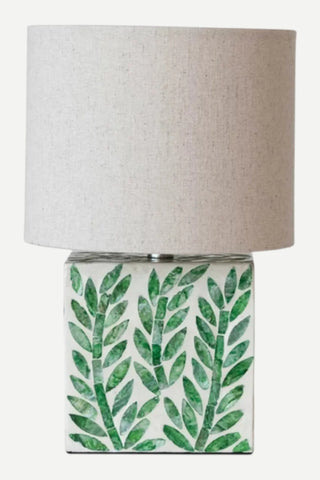 Creative Co-Op MDF & Mother of Pearl Table Lamp / Botanicals and Linen Shade
