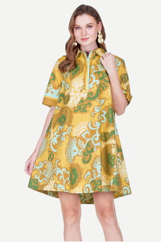 Joy Joy Placket Swing Dress, Saffron Scroll