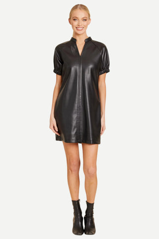 Dolce Cabo Vegan Leather V-Neck Short Sleeve Dress, Black