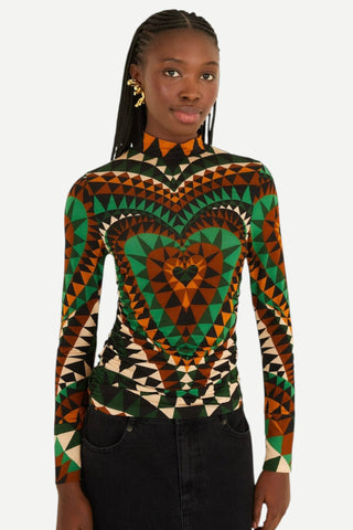 Farm Rio Jersey Blouse, Heart Deco Green