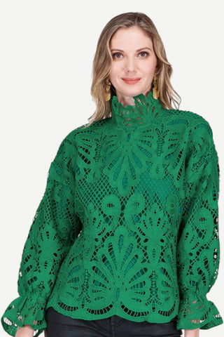 Jade Mock Neck Pull Over Top, Green Lace