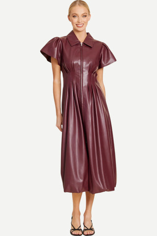 Dolce Cabo Vegan Leather Zip Midi Bubble Dress, Burgundy