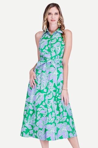Jade Fitted Halter Shirt Dress, Green Petal JADE