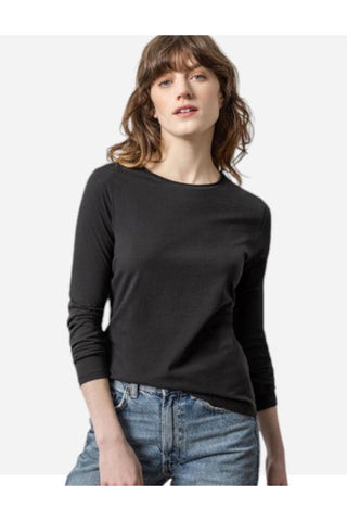 Lilla P Long Sleeve Rolled Edge Crewneck, Black
