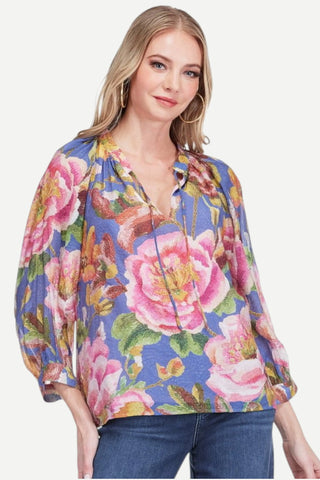 Jade Band Collar Peasant Top, Cobalt Bloom