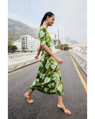 Farm Rio Short Sleeve Midi Dress, Anturium Leaves Green Farm Rio