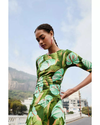 Farm Rio Short Sleeve Midi Dress, Anturium Leaves Green Farm Rio