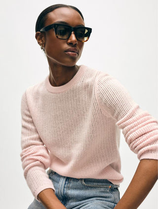White + Warren Cashmere Waffle Mesh Crew Top, Pink Sand