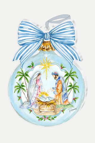 Rosanne Beck Collections Acrylic Ornament, Handpainted Holy Family on Blue Bulb