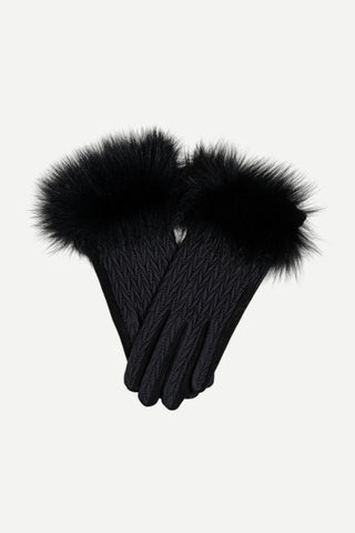 Mitchies Matchings Black Cable Stitch Gloves w/ Fox Trim