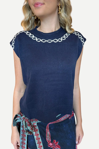 ANNA CATE Chris Sweater, Navy Embroidered