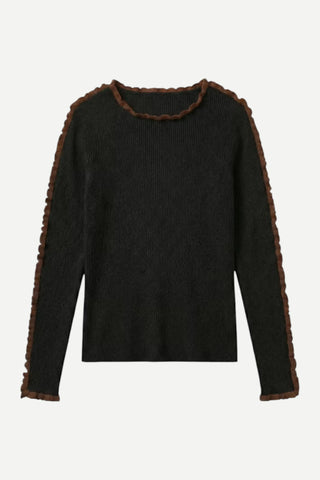 Vilagallo Knit Top, Black With Brown Ruffles