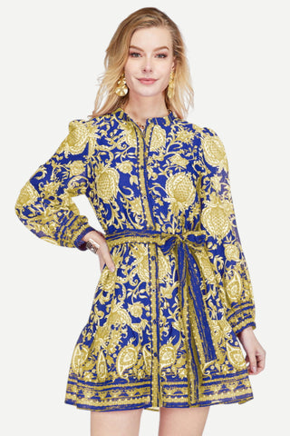Joy Joy Button Front Flutter Hem Short Dress, Purple/Gold Vines