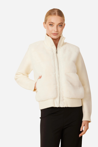 Dolce Cabo Faux Fur, Vegan Leather Trim, Quilted Back Jacket, Creme
