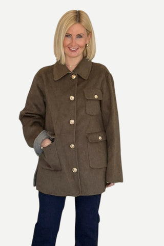 Pissenlit Cashmere Barn Jacket with Gold Buttons, Army Green/ Grey