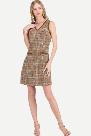 Jade V-Neck Trimmed Pocket Dress, Brown Tweed