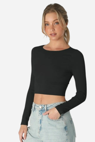 Nikibiki Ribbed LS Crew Neck Crop Top, Black