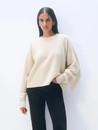 White + Warren Cashmere Blend Luxe Fringe Crew Cardigan, Ivory