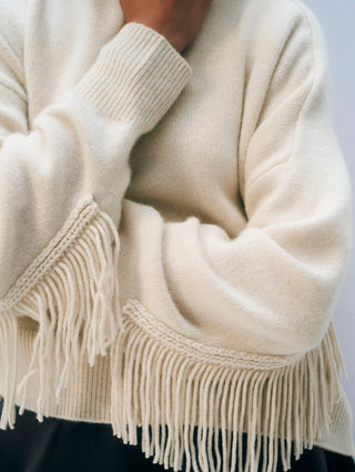 White + Warren Cashmere Blend Luxe Fringe Crew Cardigan, Ivory
