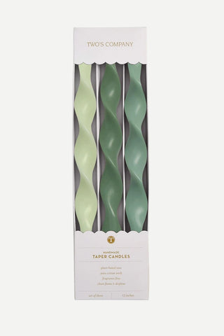Two's Company Twist and Glow Green Hue 12" Twist Taper Candles, Set Of 3