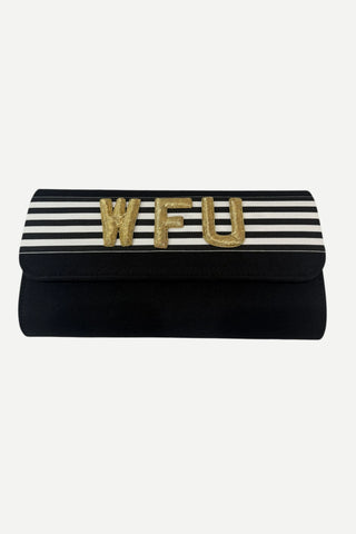 Lisi Lerch Straw Avery Handbag, Black/White Stripe Band, Gold "WFU" Letters