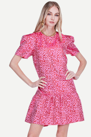 Joy Joy Short Sleeve Flounce Dress, Berry Leopard