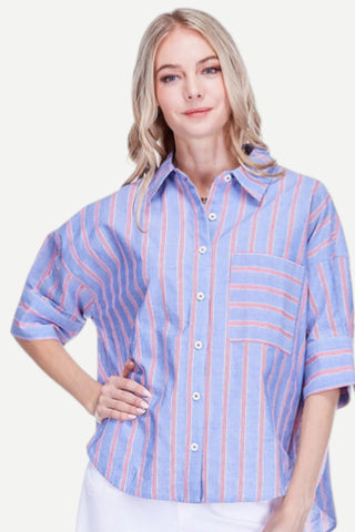 Joy Joy Button Short Sleeve Shirt, Blue Stripe JOY JOY