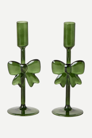 Two's Company Holiday Bow Set Of 2 Candlestick Holders, Green