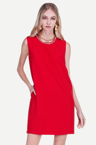 Jade Embellished Neck Shift Dress, Red