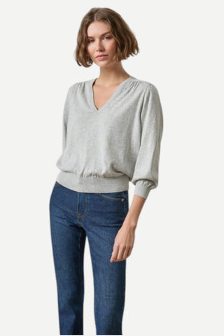Lilla P V-Neck Blouson Sweater, Heather Grey
