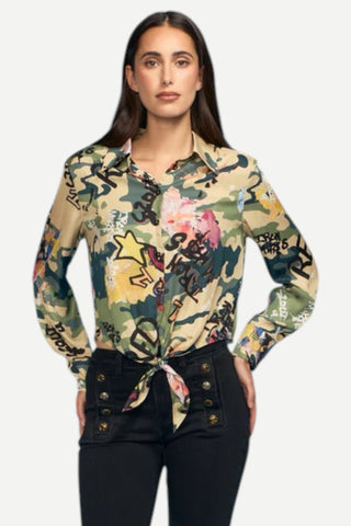 Oo La La Camo Tie Front Blouse, Green