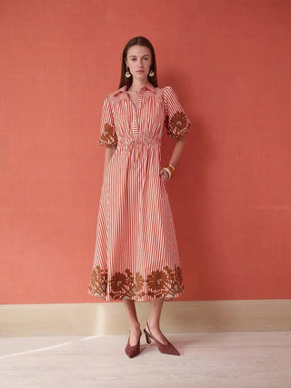Brooks Ave Banyan Puff Sleeve Midi Dress, Terracotta Stripe