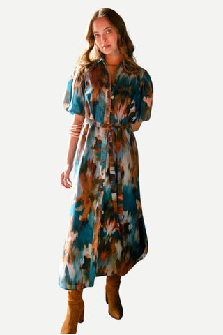 Finley Madeline Dress Autumn Brushstroke, Teal/Brown/Multi