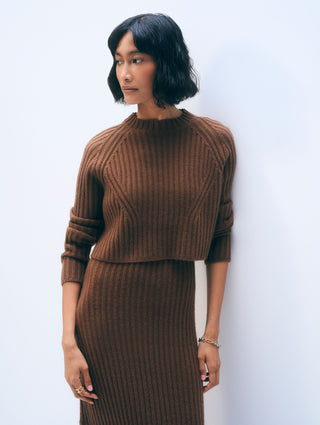 White + Warren Cashmere Blend Cropped Ribbed Crew Top, Umber