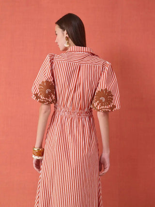 Brooks Ave Banyan Puff Sleeve Midi Dress, Terracotta Stripe