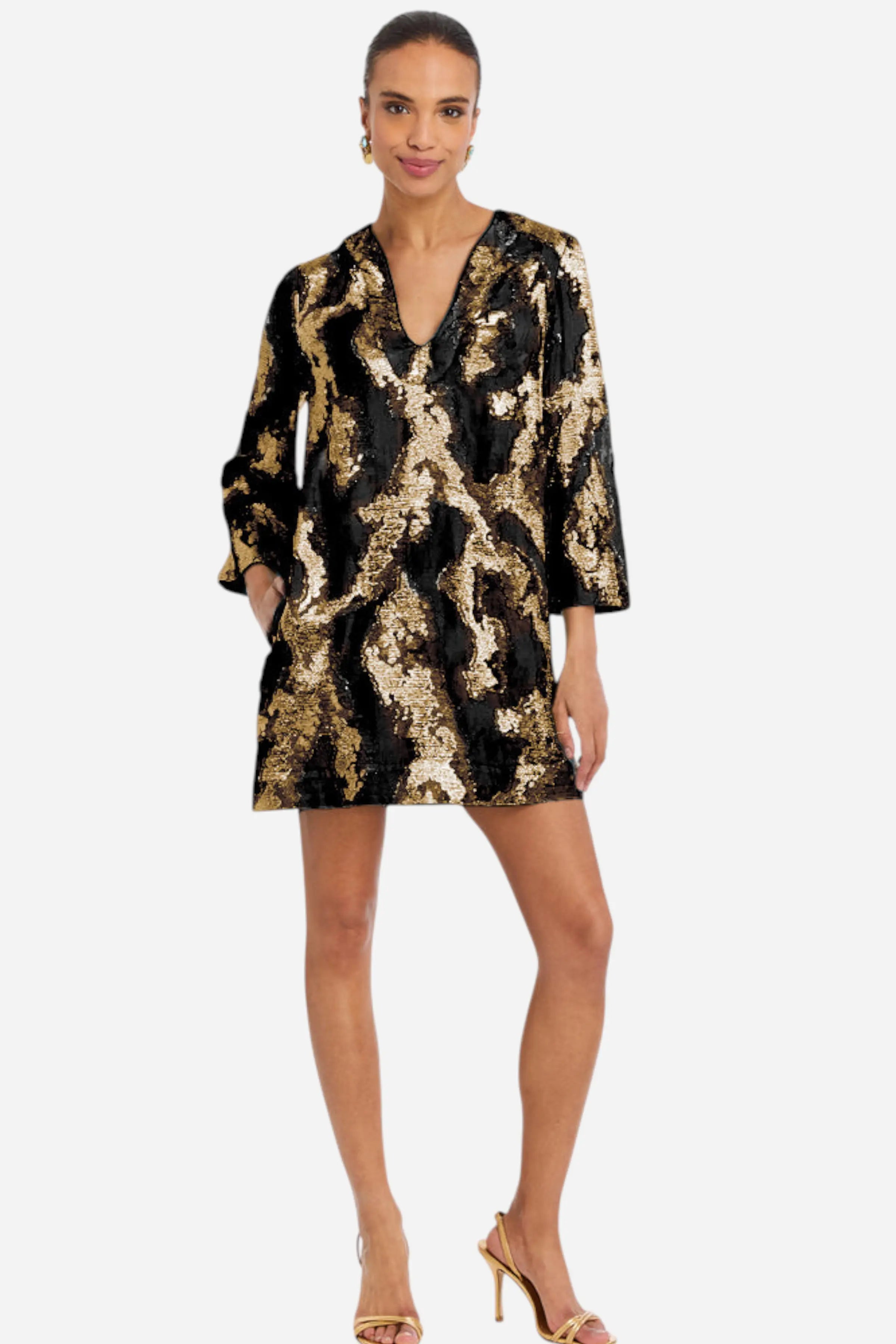 Mestiza Ines Caftan Mini Dress, Black Gold - Monkee's of the Village Mestiza Ines Caftan Mini Dress, Black Gold - Monkee's of the Village