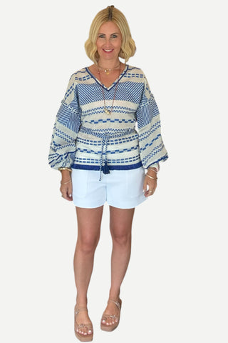 V By Jatin Varma Pavan V-Neck Bell Sleeve Top - Blue/White